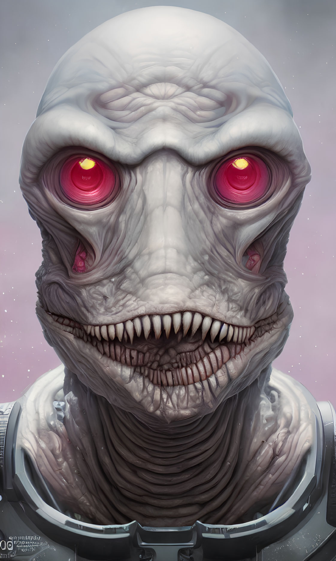 Alien illustration with red eyes, grey skin, and futuristic suit