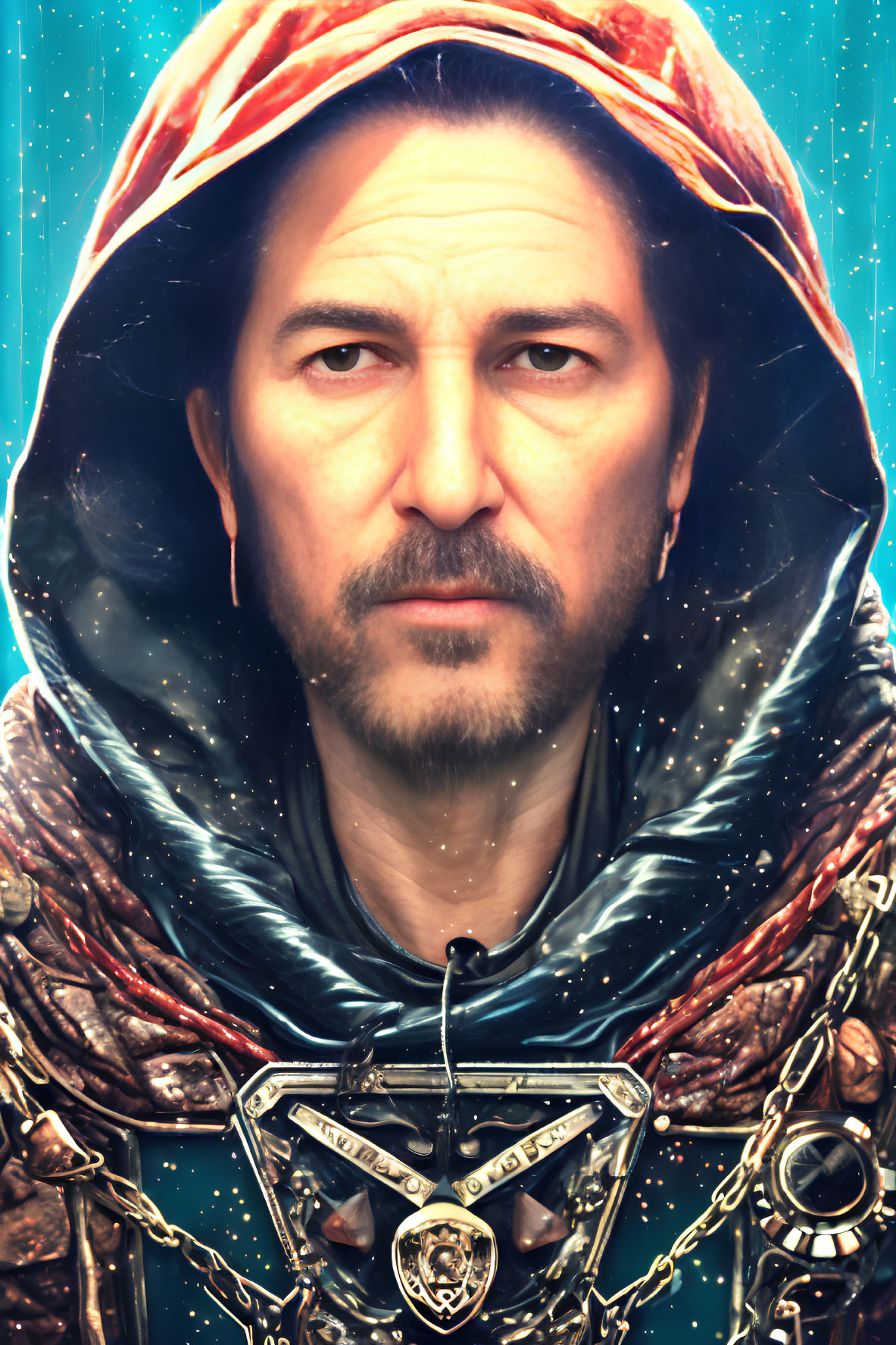 Digital portrait of a man in red hood and armor against cosmic backdrop