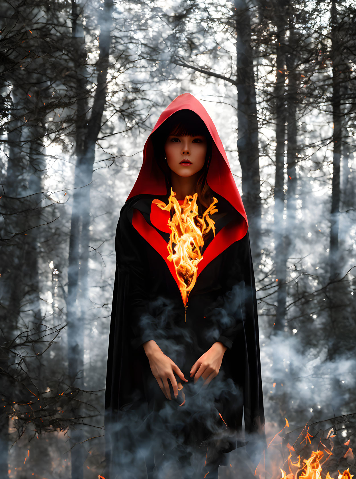 Person in red hooded cloak with flames in mystical forest