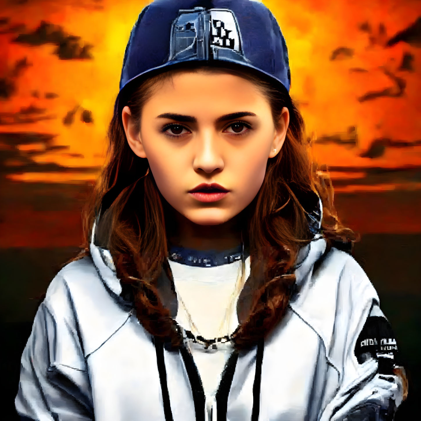 Digital Art Portrait of Young Woman with Braided Hair and Cap in Silver Jacket Against Fiery Orange Sunset