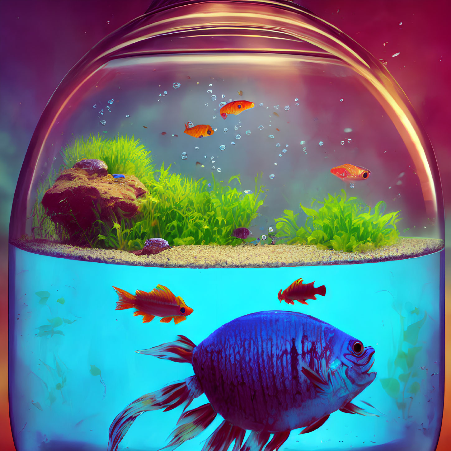 Colorful digital artwork: Large fish gazes into fishbowl with smaller fish and plants.