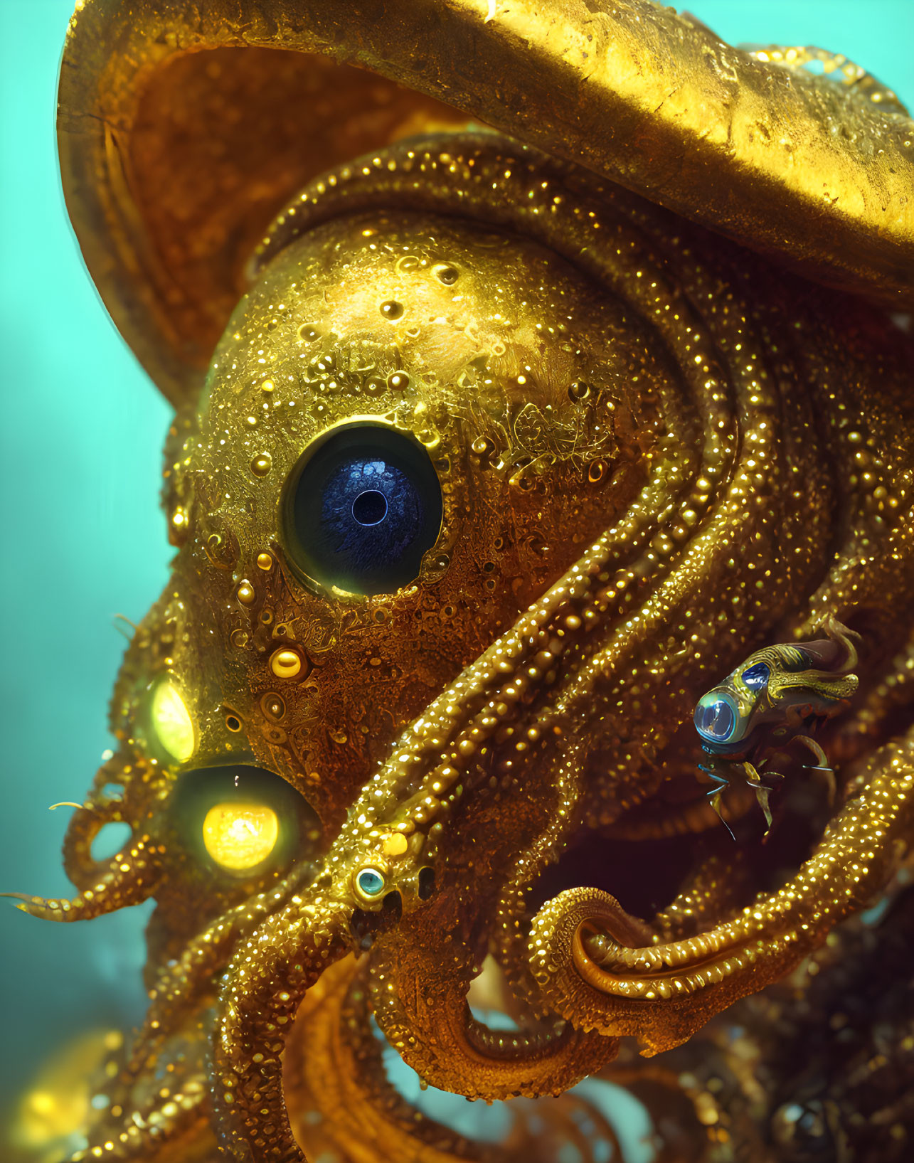 Detailed Golden Octopus with Shining Eyes on Blue Background