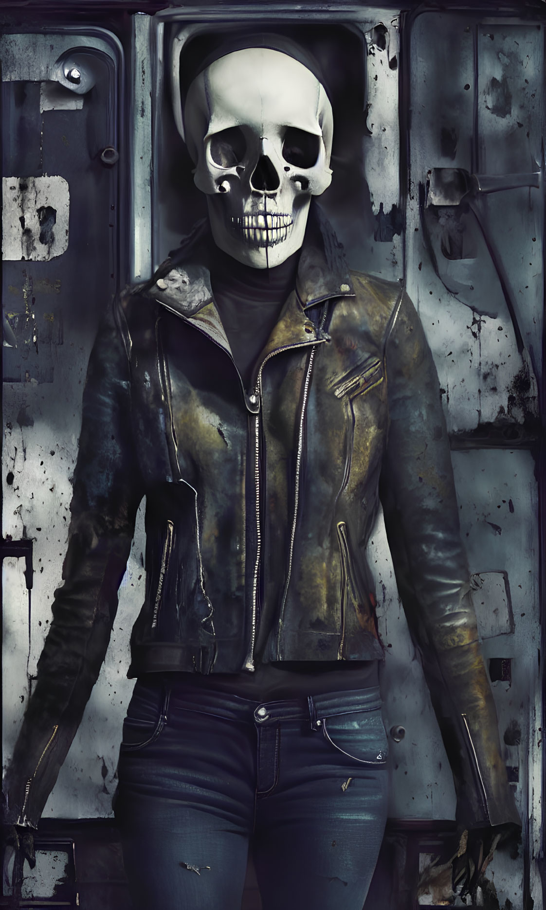 Skull mask and leather jacket person at metal door with gothic Halloween vibe