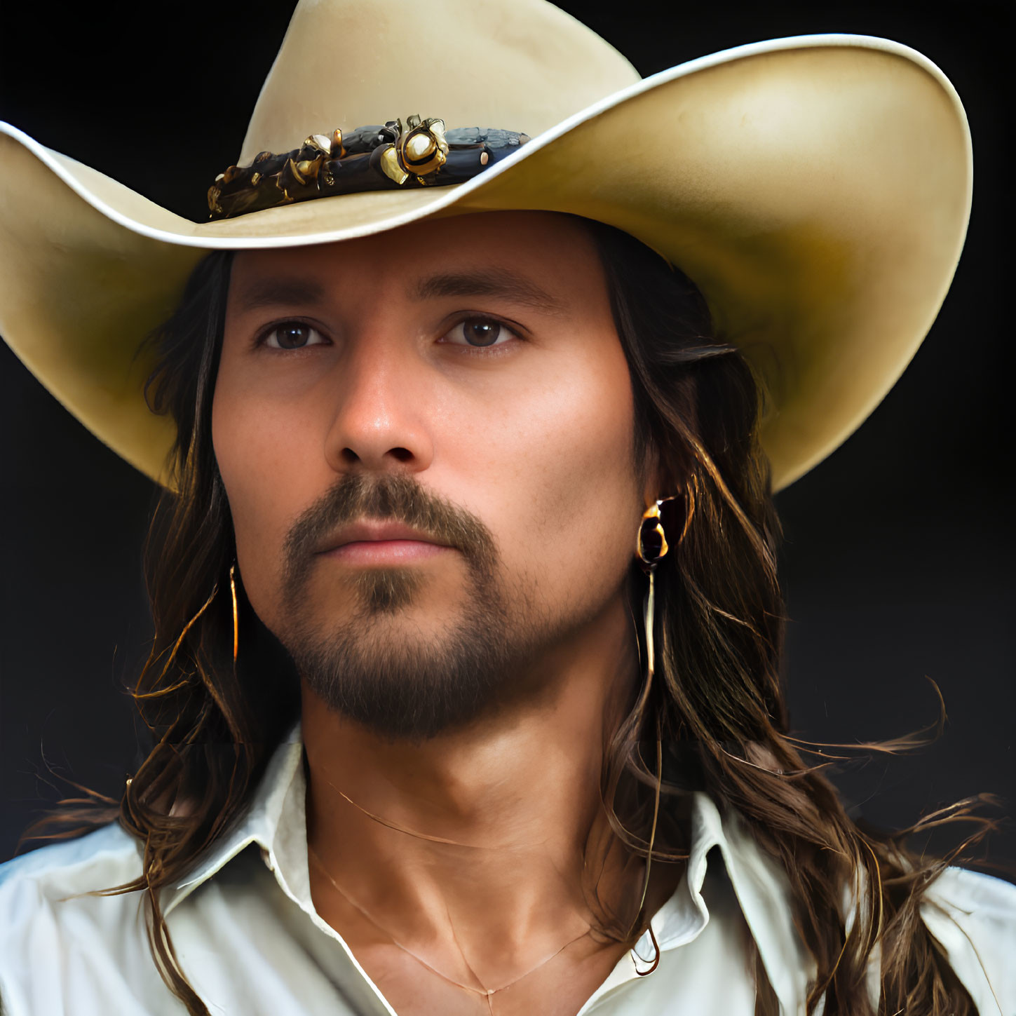 Long-haired man in cowboy hat, white shirt, hoop earrings pose on dark background