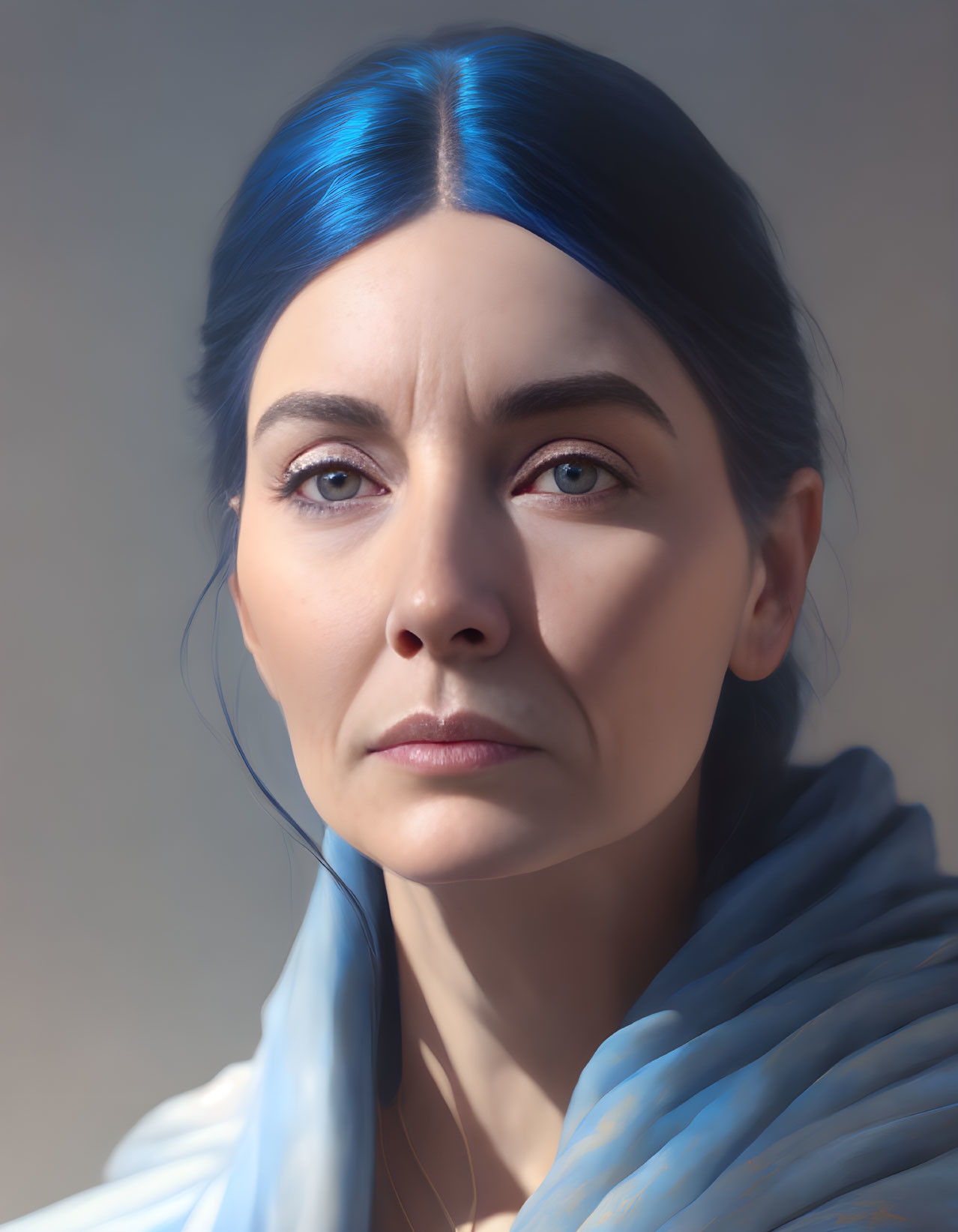 Blue-haired woman in contemplative pose with soft lighting