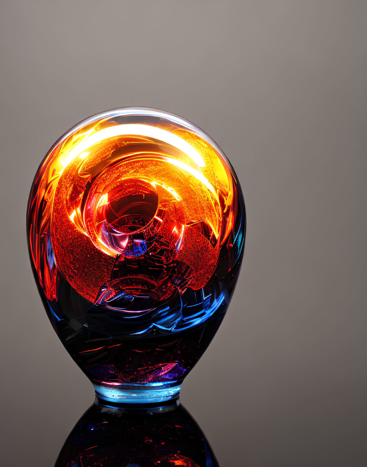 Colorful Glass Paperweight with Swirling Orange and Blue Patterns