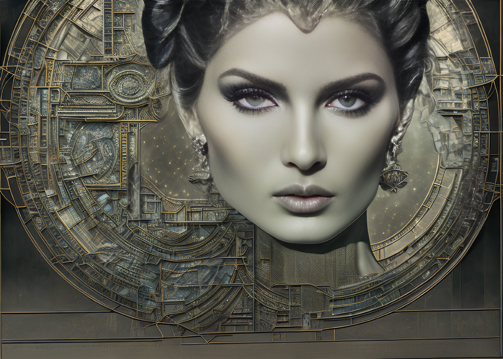 Detailed Sci-Fi Jewelry on Woman Portrait with Mechanical Background