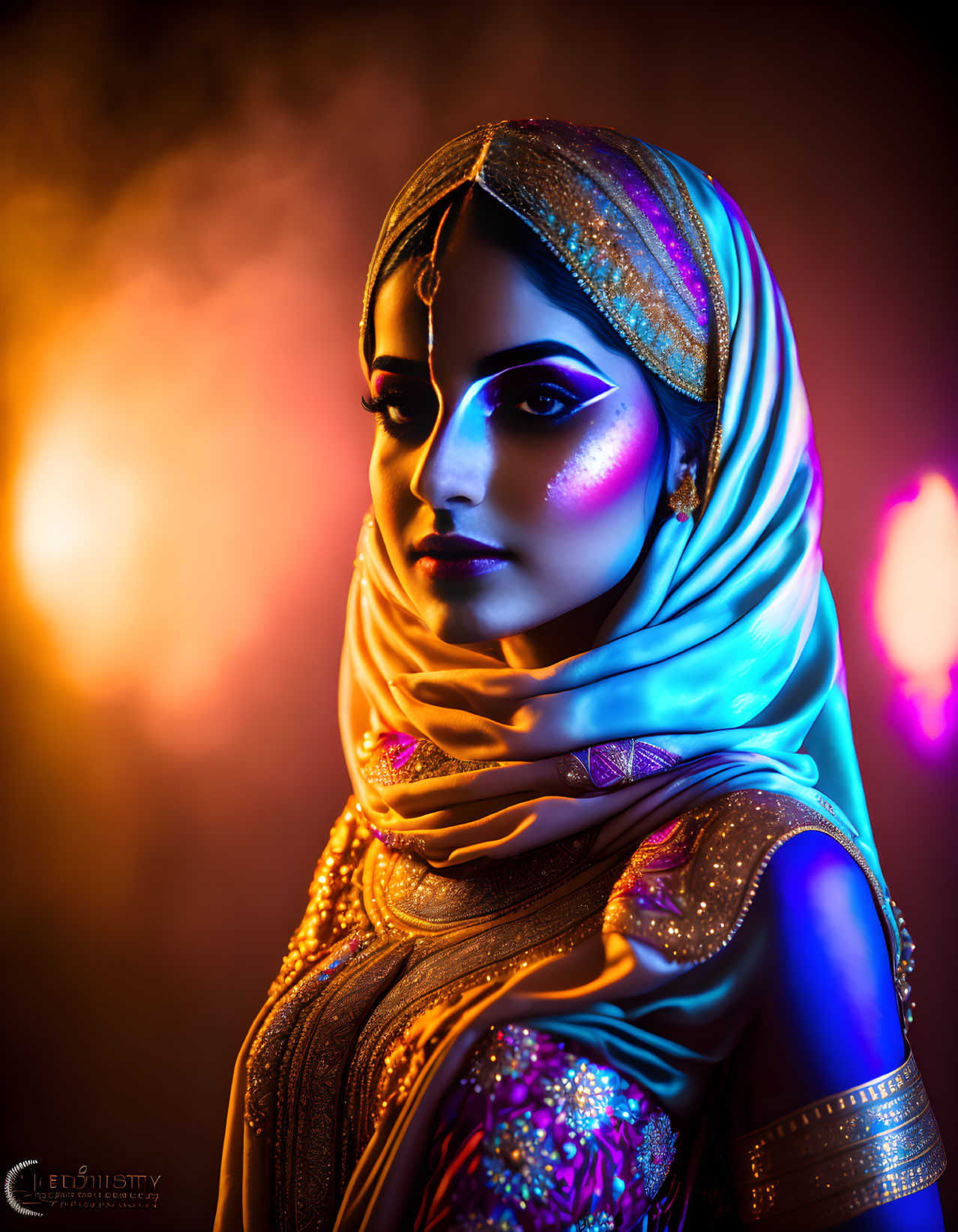 Portrait of Woman in Ethnic Attire with Vibrant Colored Lighting