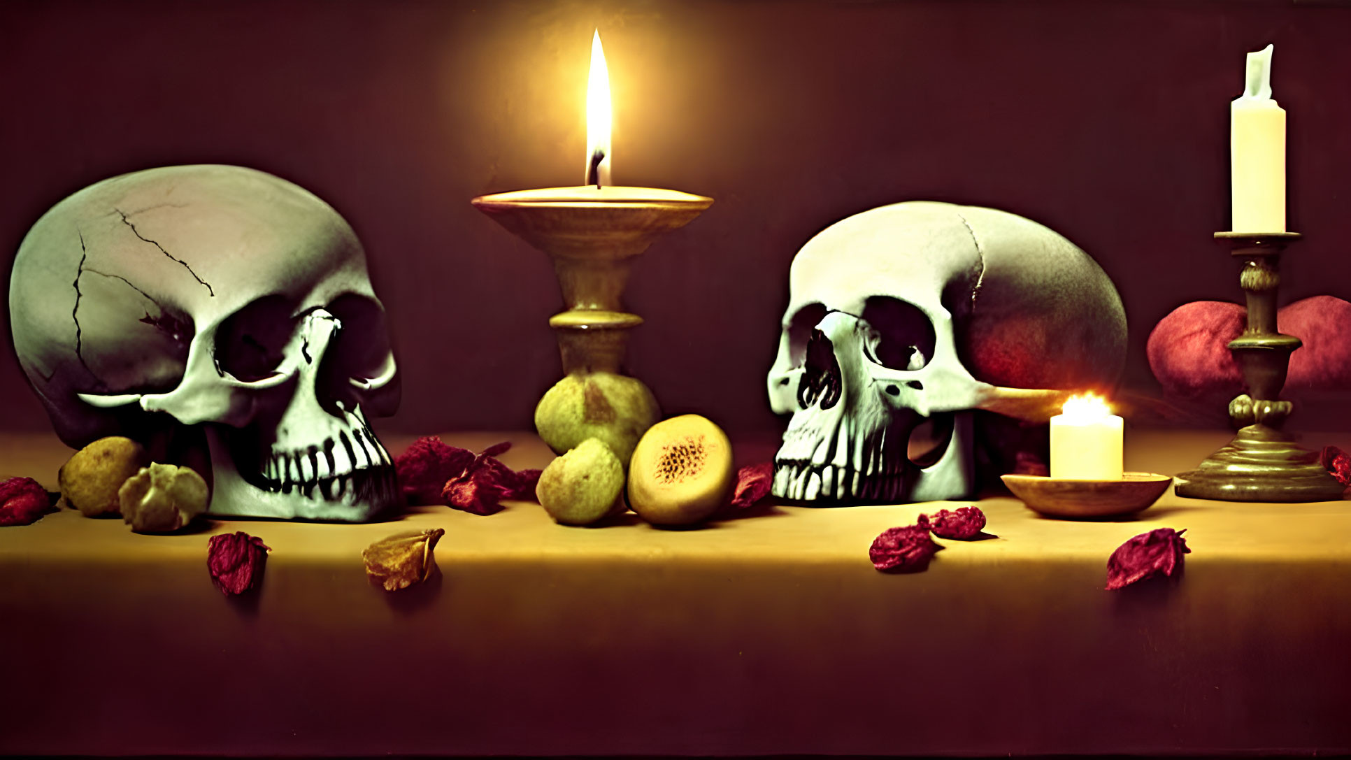 Human skulls, fruit, petals, and candles on a table in a dramatic scene