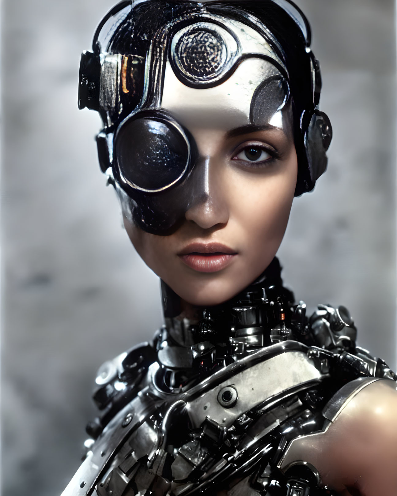 Female cyborg with human-like face and futuristic headset, showing mechanical parts on neck and shoulder