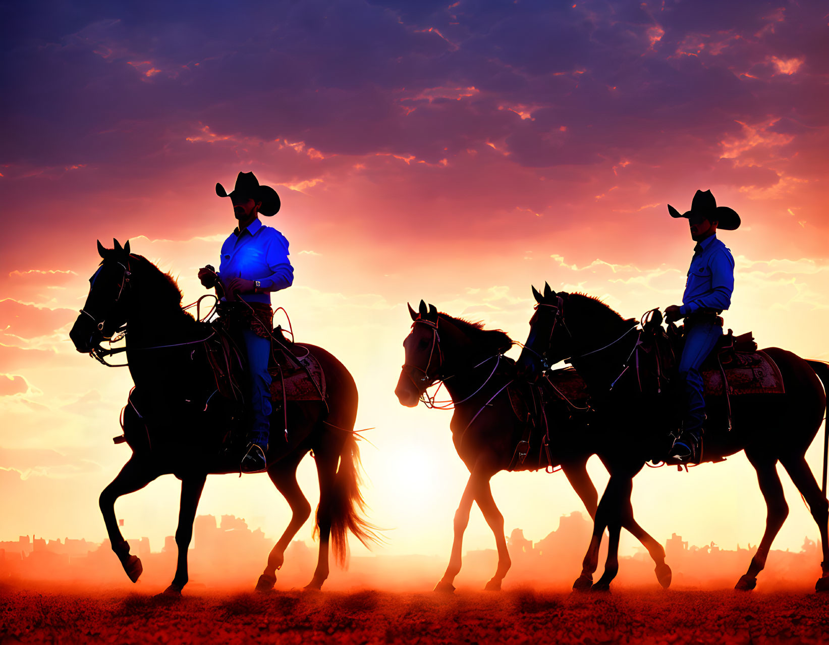 Cowboys on Horseback Silhouetted Against Orange Sunset Sky