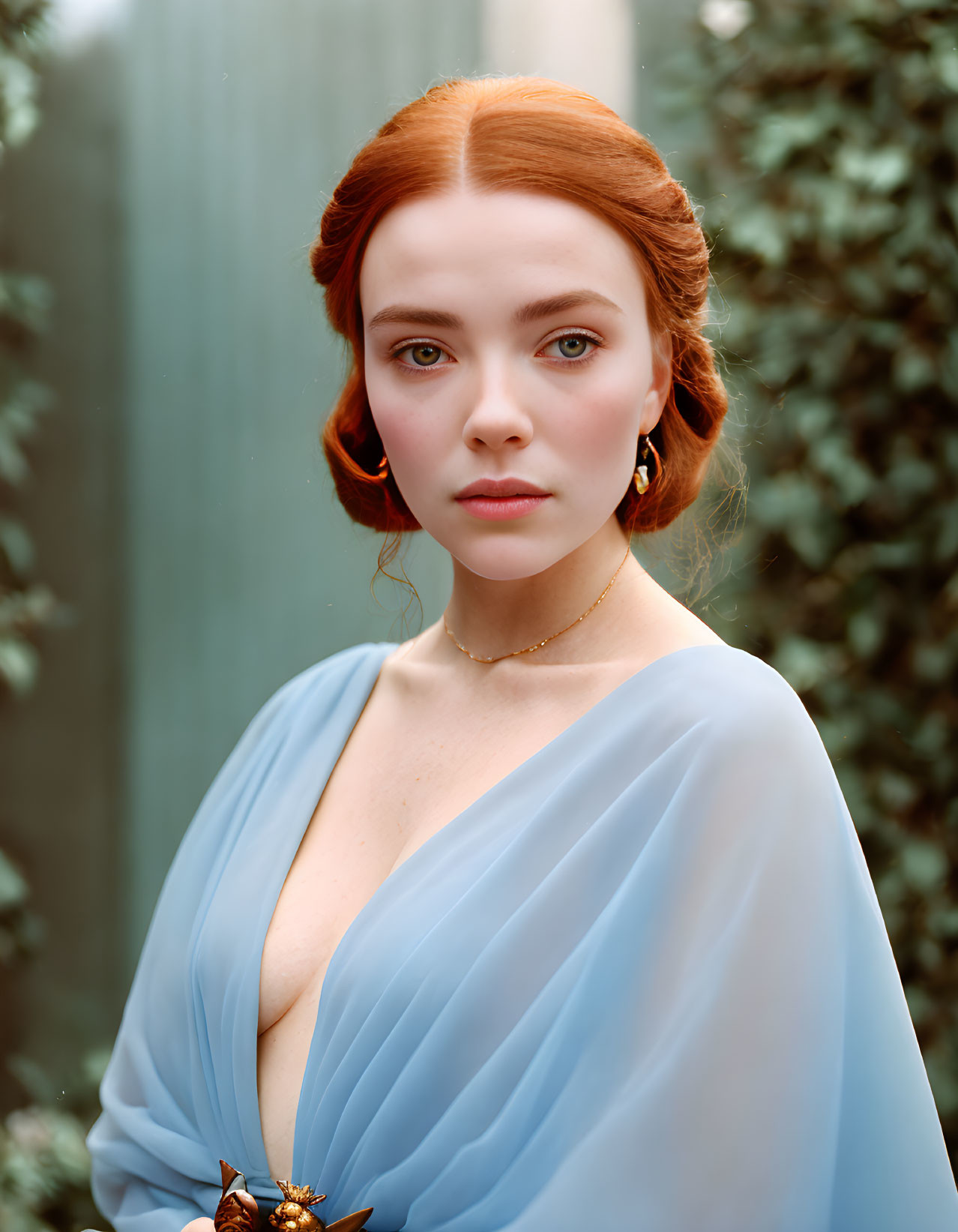 Auburn-Haired Woman in Blue Dress with Plunging Neckline