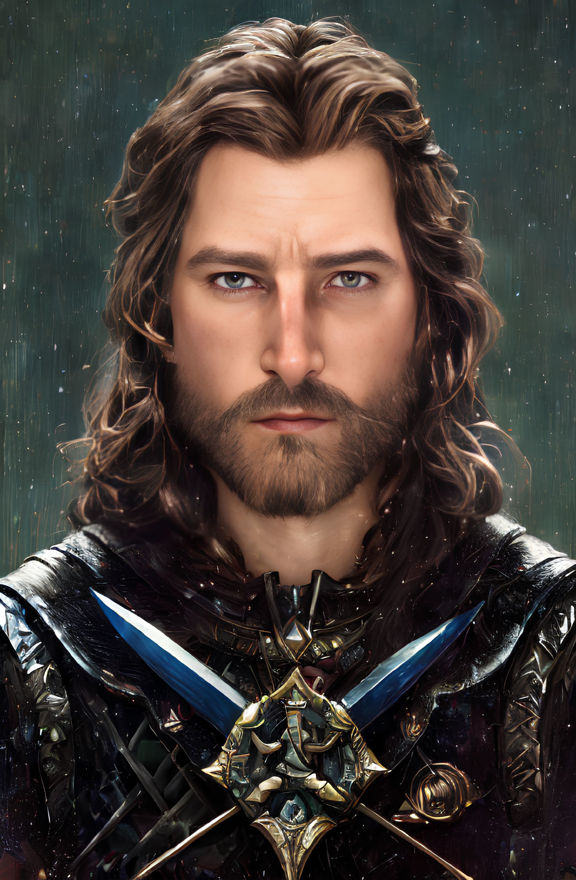 Medieval knight digital artwork with long brown hair and ornate armor