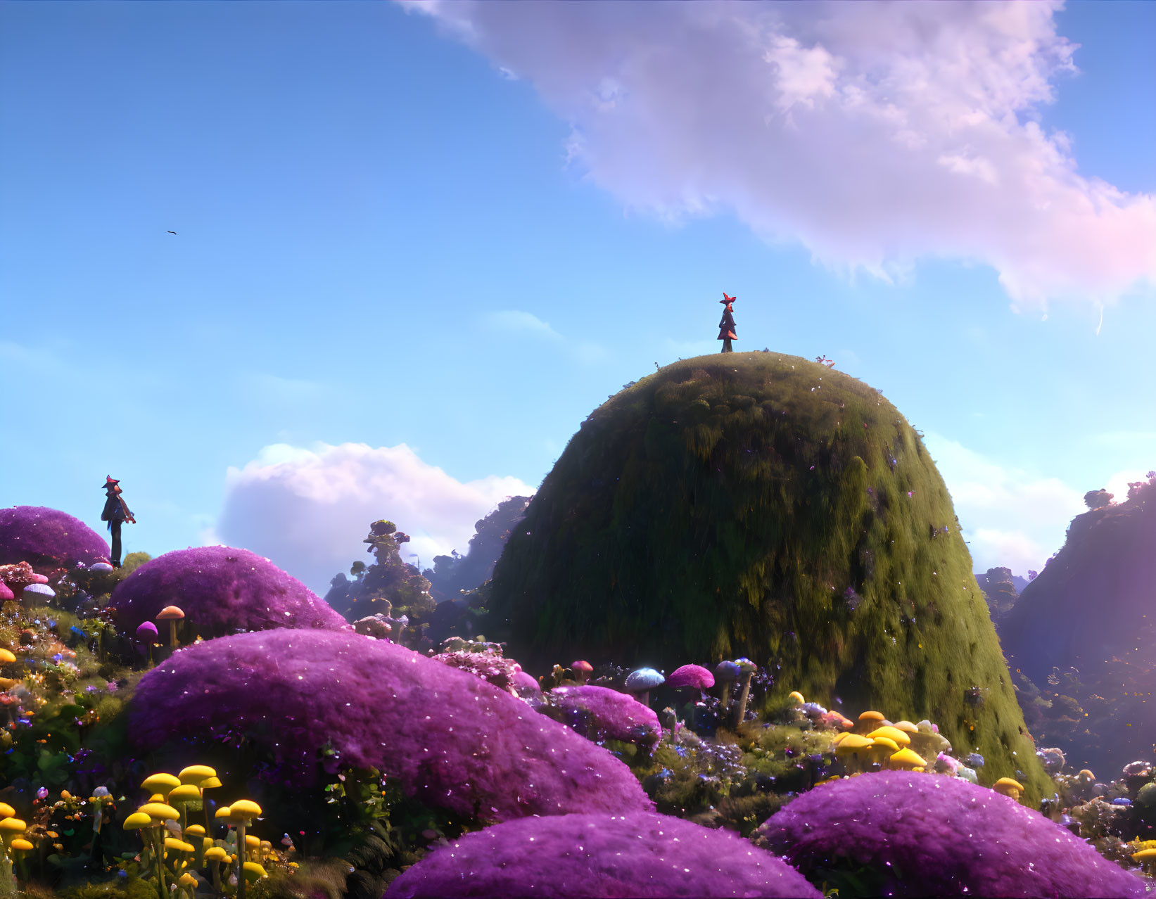 Colorful animated landscape with figures on grassy hills and oversized mushrooms