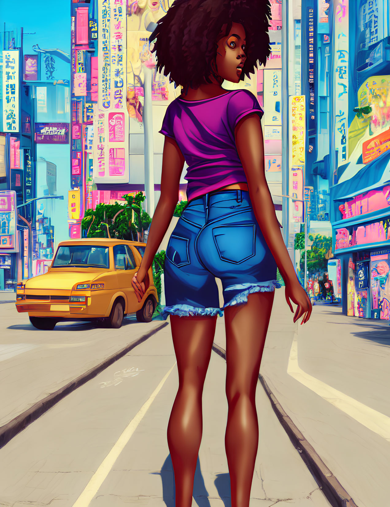 Vibrant city street digital artwork with woman and neon signs