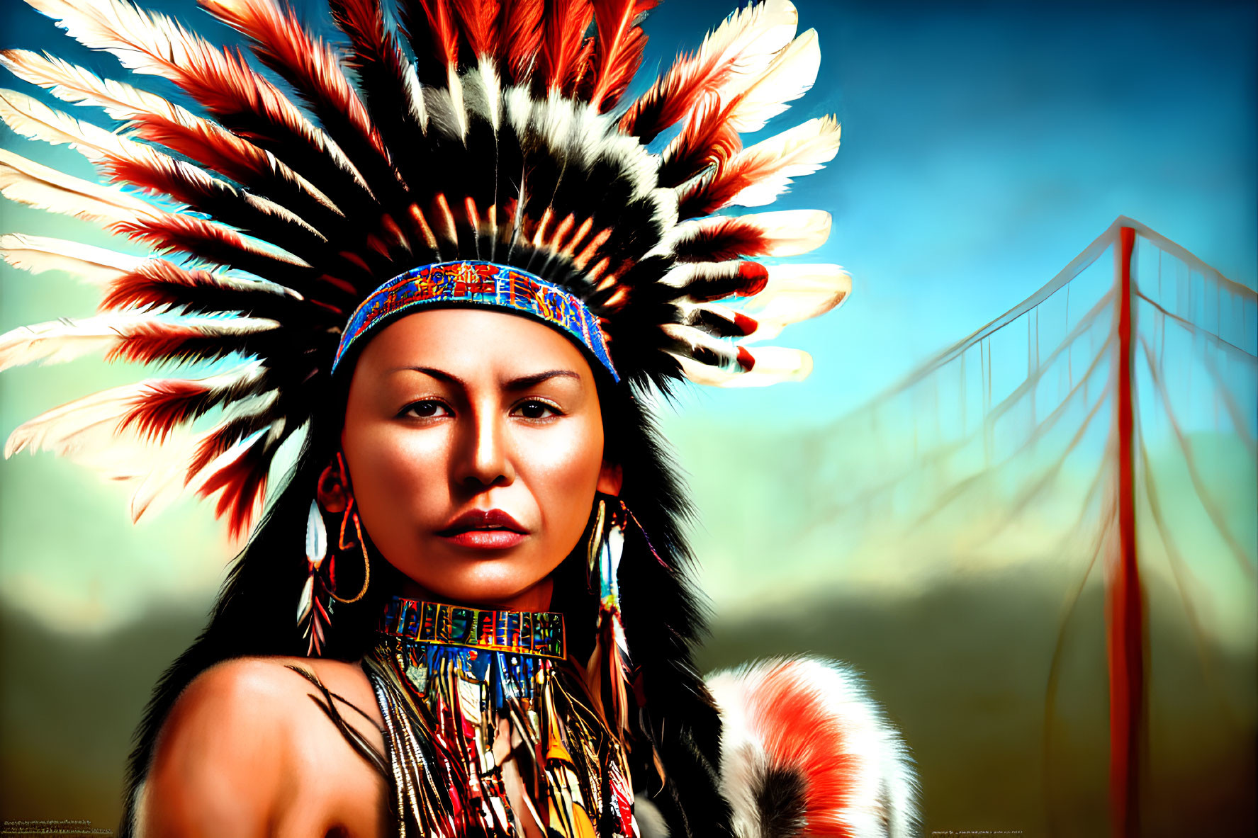 Digital artwork: Person in Native American headdress with Golden Gate Bridge in background.