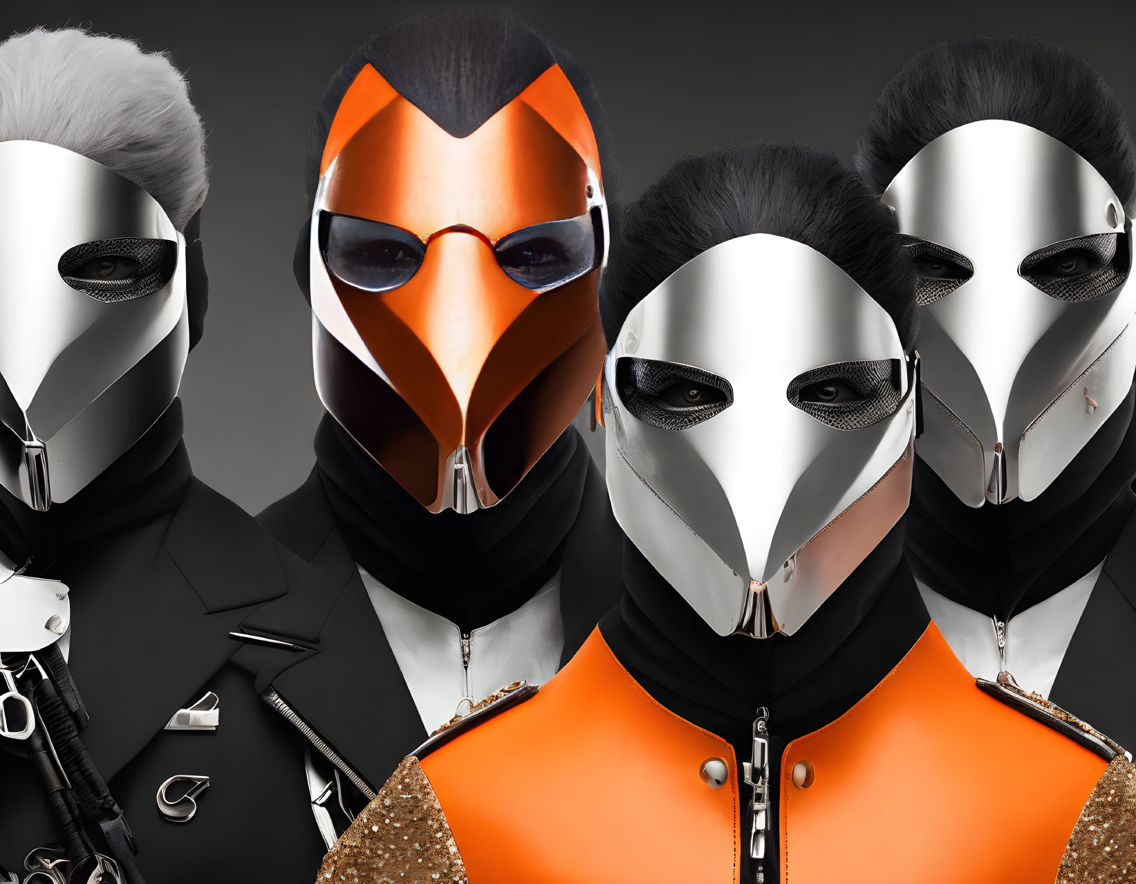 Four People in Futuristic Masks and Stylish Outfits on Grey Background