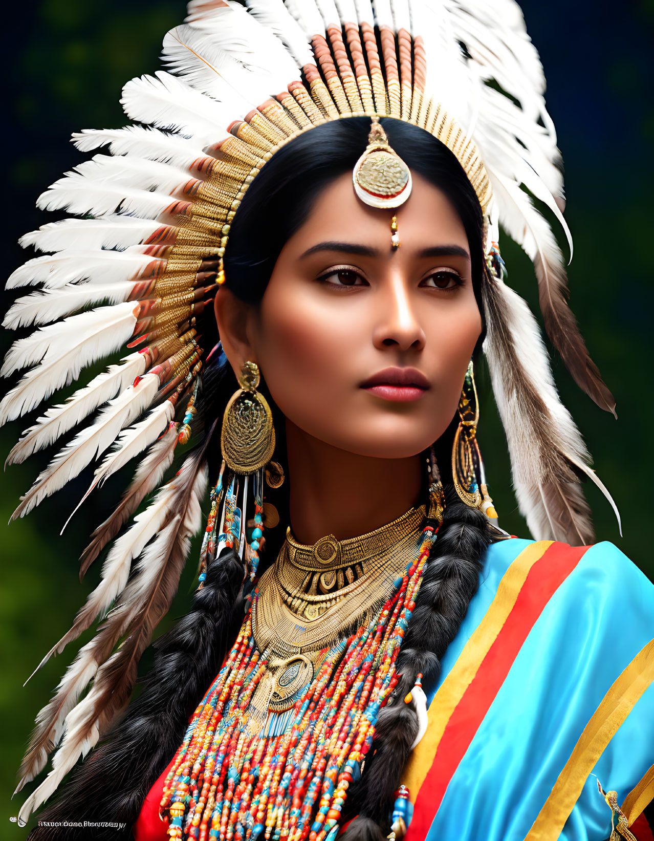 Woman in Native American headdress and colorful attire against natural backdrop