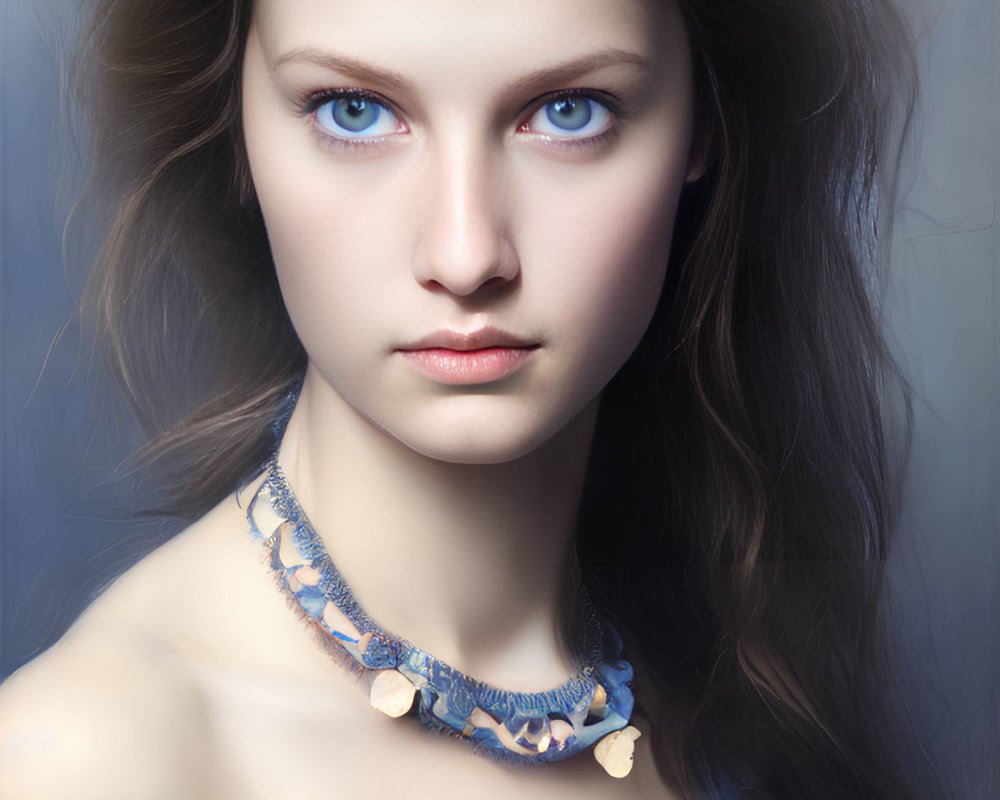 Portrait of young woman with blue eyes, wavy hair, blue dress, and shell necklace