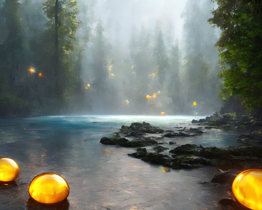 Mystical evening scene: glowing orbs, serene river, fog, lush greenery