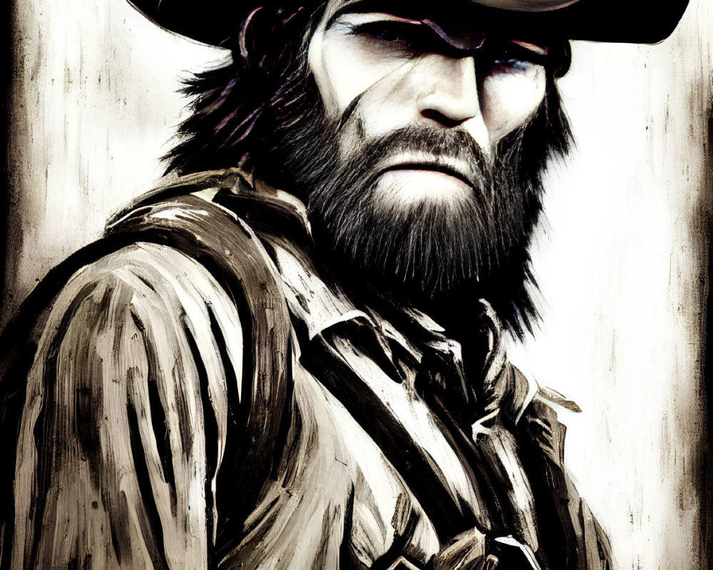 Bearded cowboy in duster coat with rifle on textured background