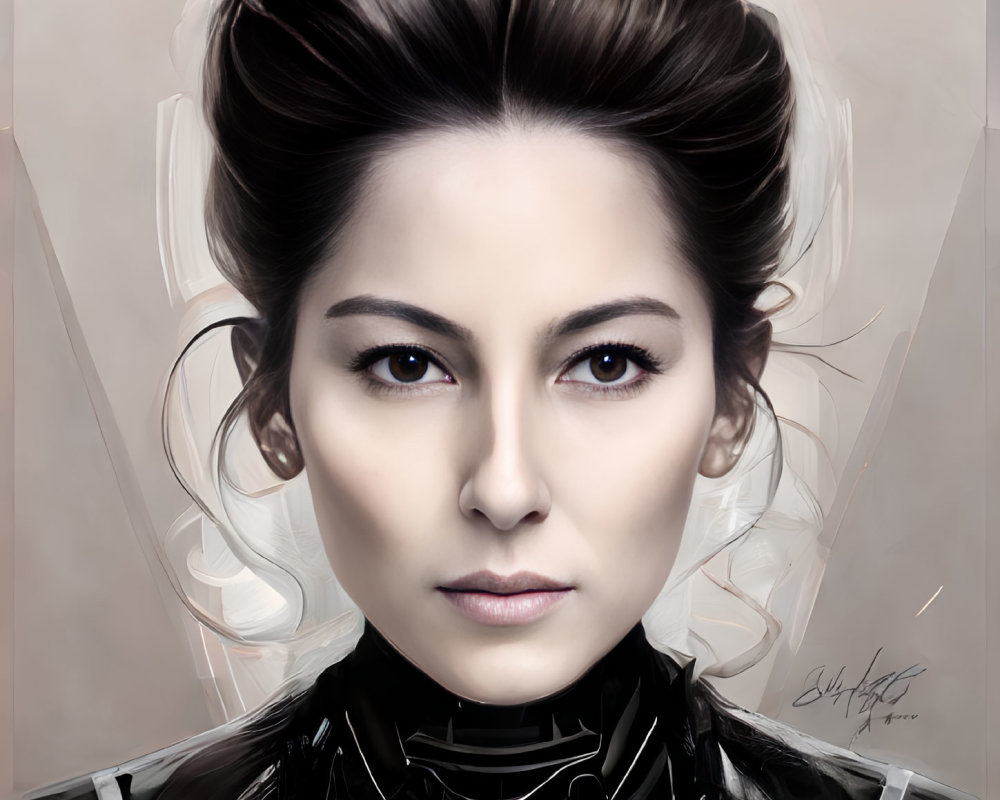 Digital portrait of woman in futuristic black armor with brown hair and intense eyes on light brown background