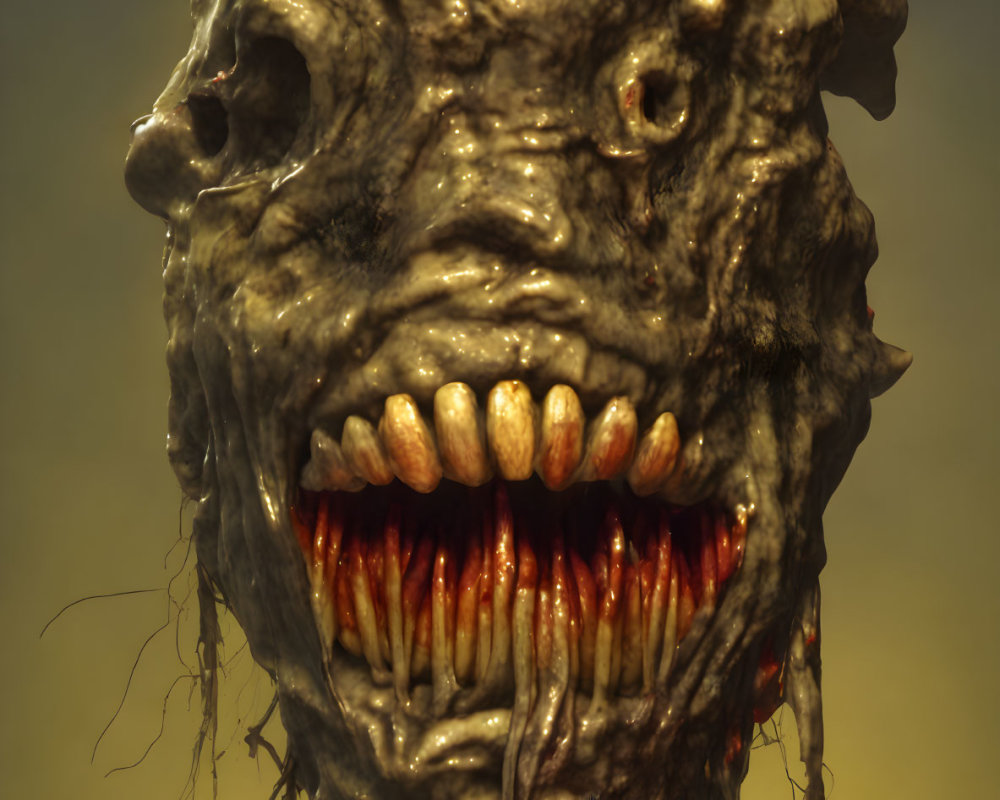 Grotesque creature head with sharp teeth and mottled skin