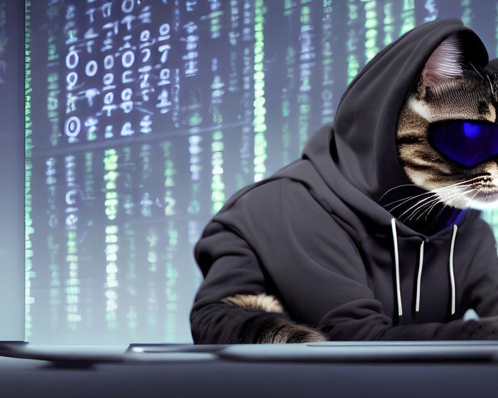 Cat in Sunglasses and Hoodie Hacking on Laptop with Data Streams