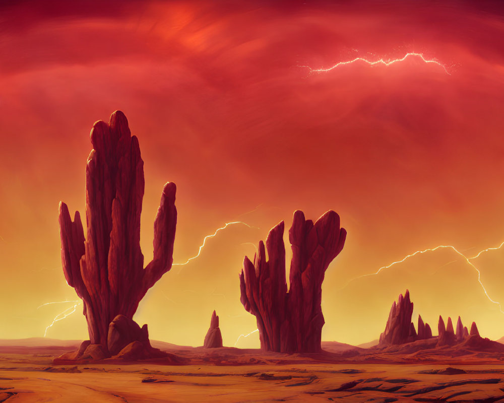 Sci-fi desert landscape with towering rocks under stormy red sky