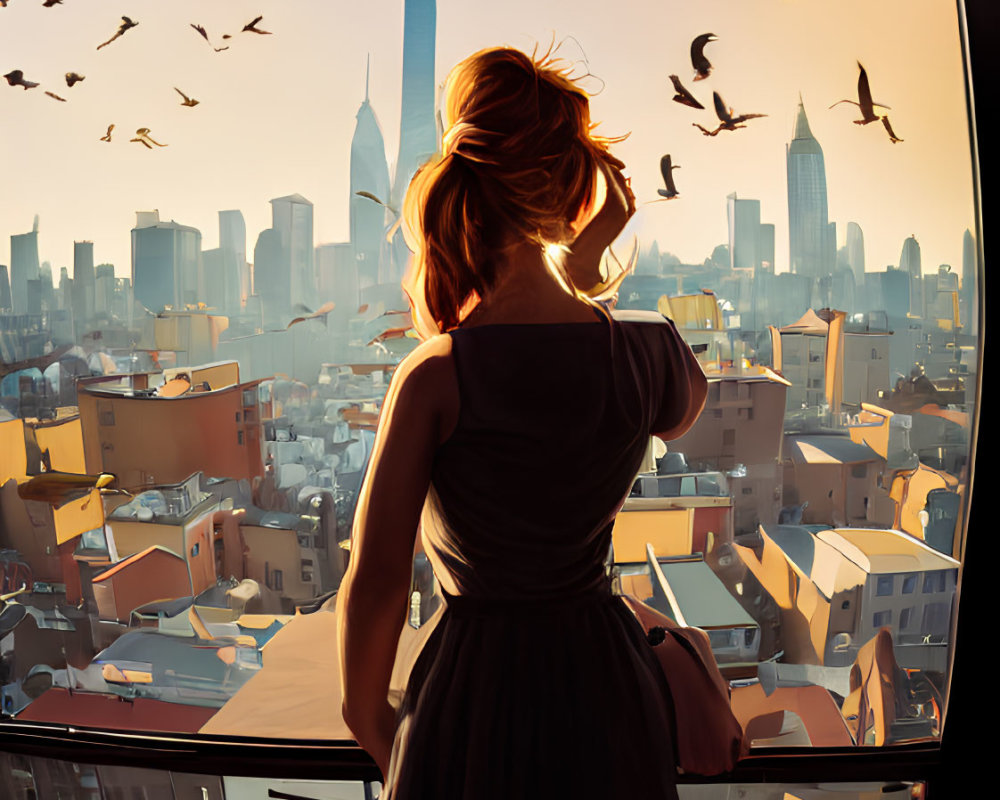 Woman on balcony gazes at cityscape at sunset with birds and leaves.