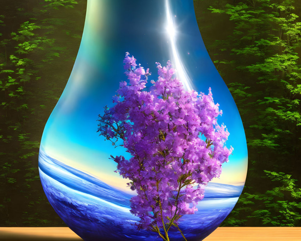 Shiny vase with surreal ocean and sky design featuring purple tree on wooden surface