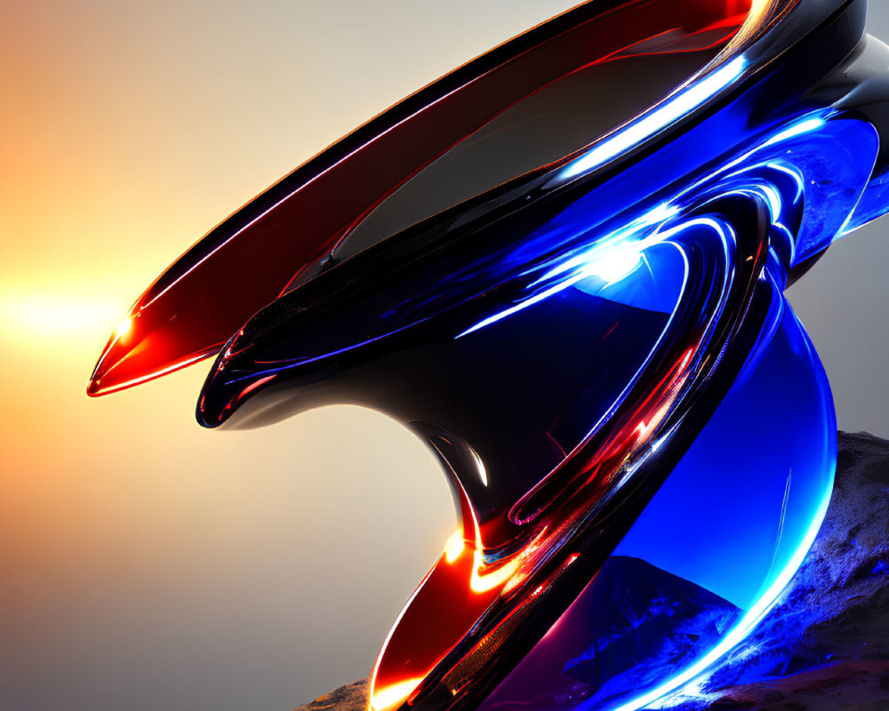 Abstract Sculpture with Reflective Blue and Red Surfaces Against Sunset Sky