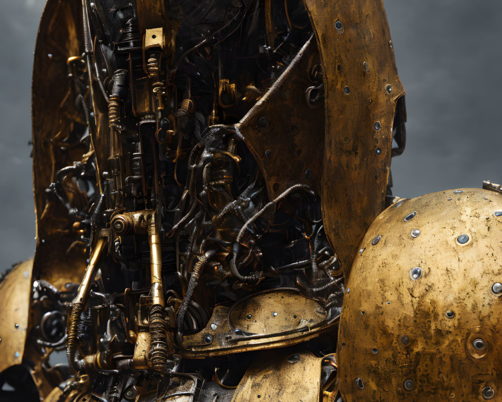 Detailed Steampunk-Style Robotic Figure with Brass Helmet