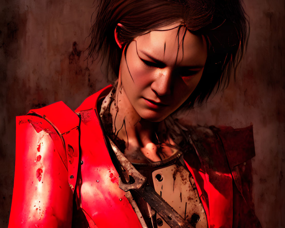 Digital artwork: Woman grimacing, covered in blood, in tattered red jacket