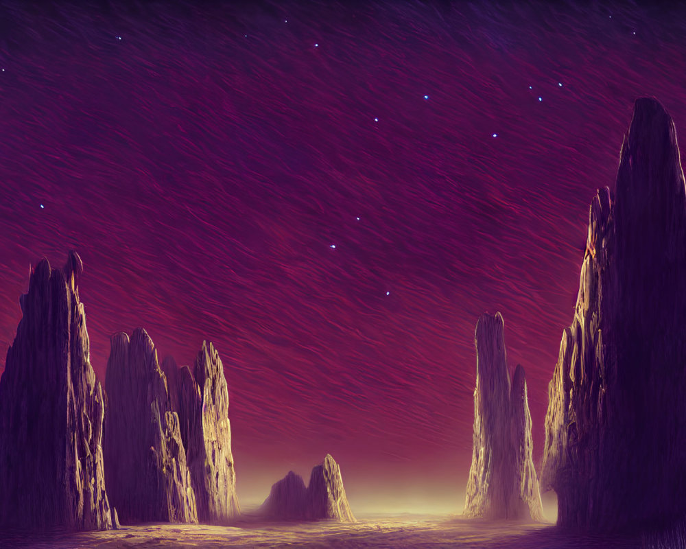 Mystical landscape with towering rock formations under starry night sky