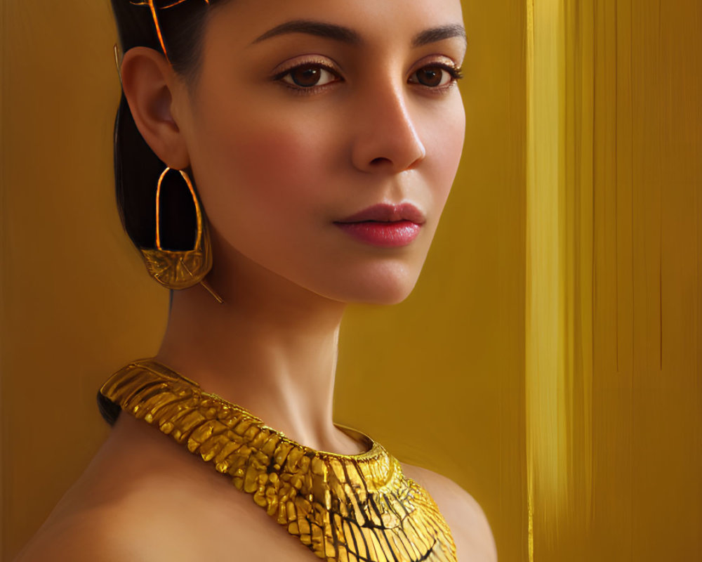 Ancient Egyptian-style gold jewelry on woman against golden backdrop