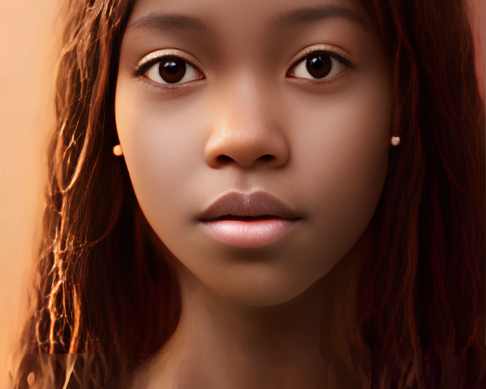 Young girl with long, wavy hair in colorful top and earrings gazes thoughtfully against warm background