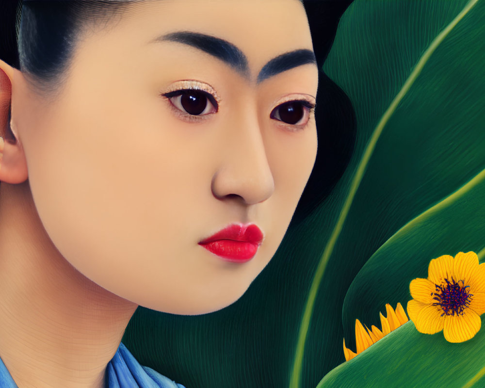 Detailed digital painting of woman with traditional makeup next to green leaf and yellow flower