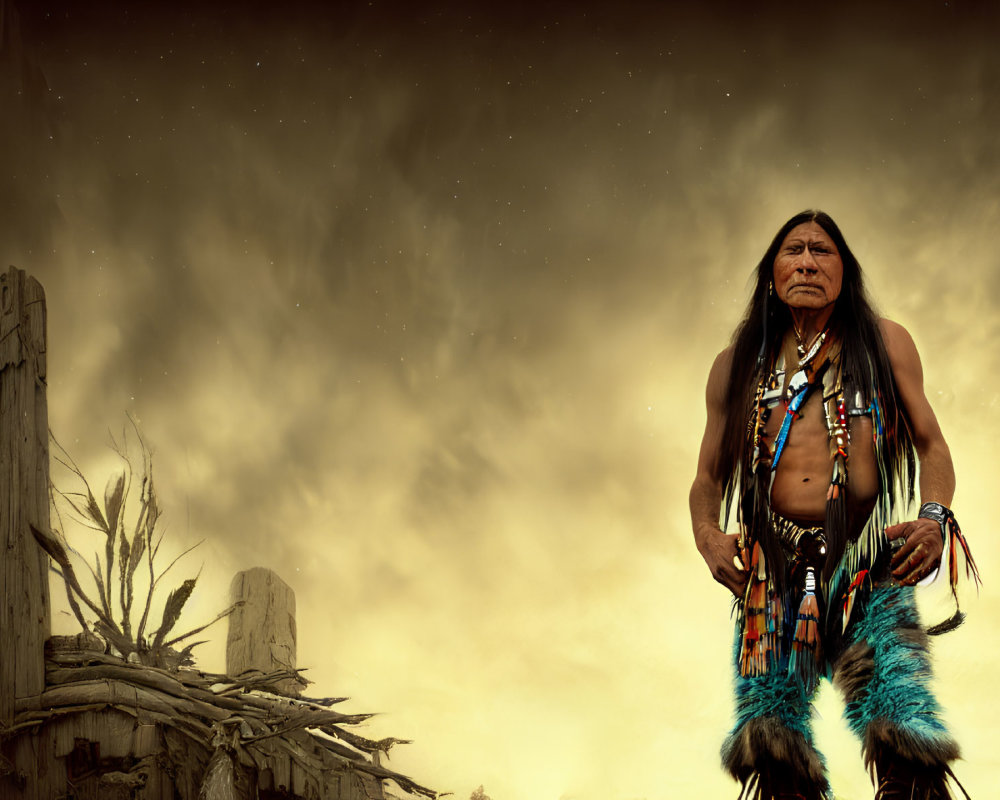 Native American man in traditional attire under starry sky and desert vista