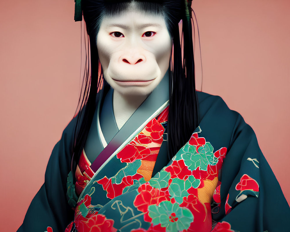 Digital art: Monkey face on human body in kimono with floral patterns on red background