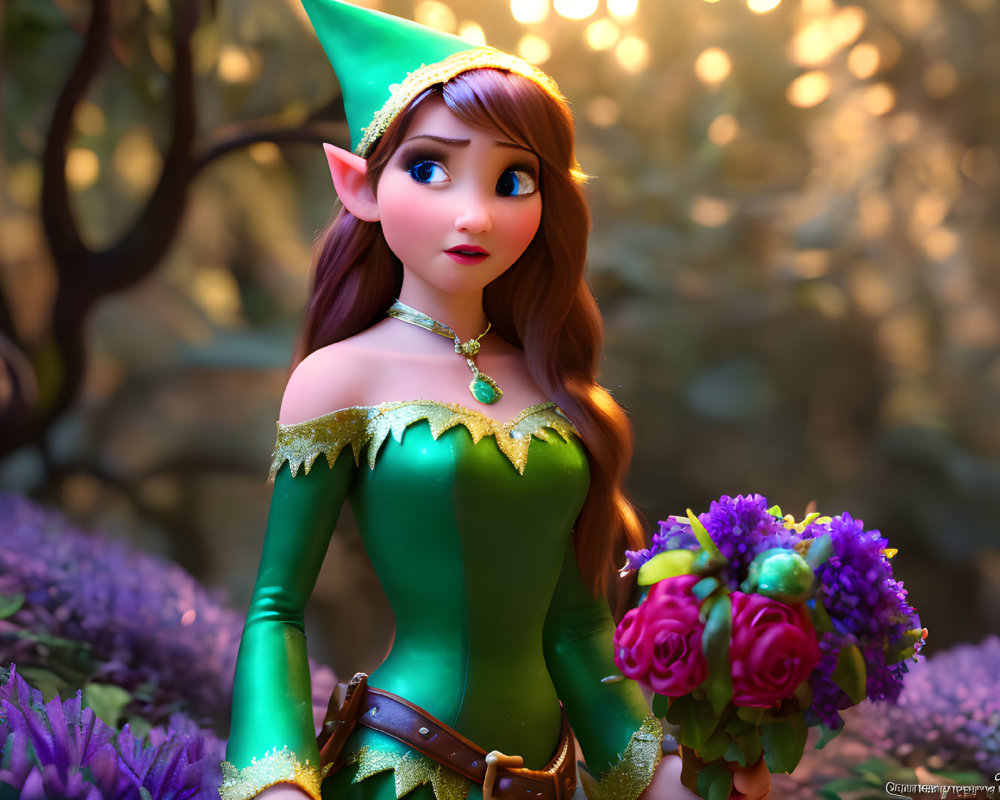 Animated female elf with auburn hair in green dress among purple forest flora