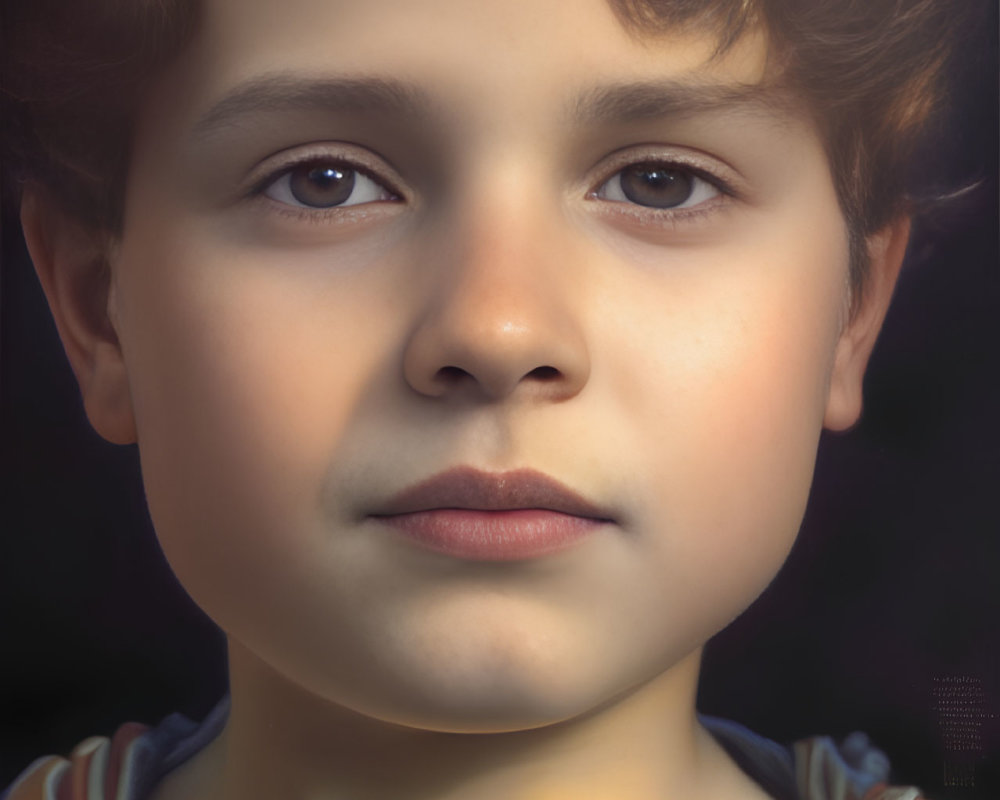 Portrait of Young Boy with Brown Curly Hair and Striped Shirt