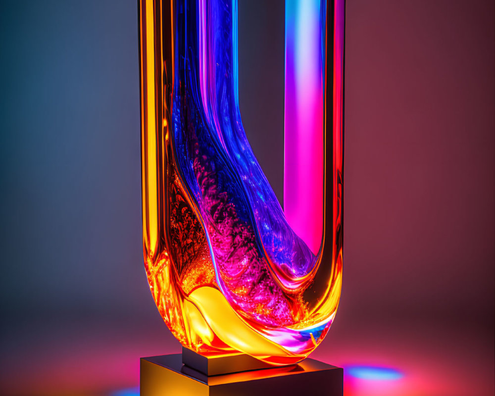 Twisted glass sculpture illuminated with neon colors on reflective surface