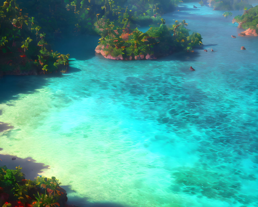 Tropical Scene: Turquoise Waters, Greenery, Waterfall & Sunbeams