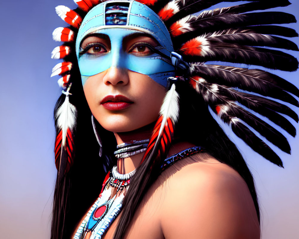 Native American person in headdress with feathers and face paint on soft background