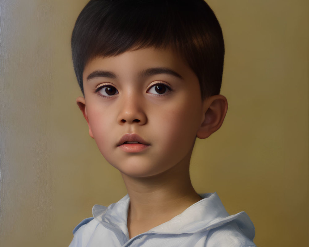 Young child portrait with solemn expression, dark hair, light blue shirt, beige backdrop