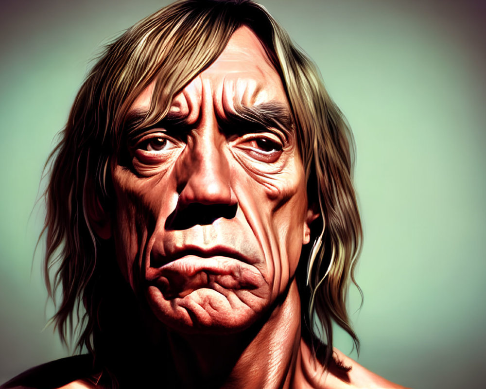 Stylized digital portrait of a man with shoulder-length hair and somber expression