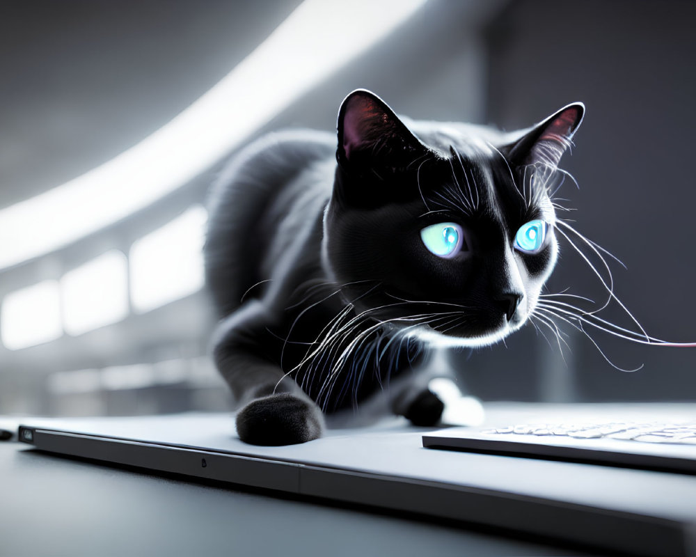 Striking blue-eyed black cat on desk with backlit keyboard