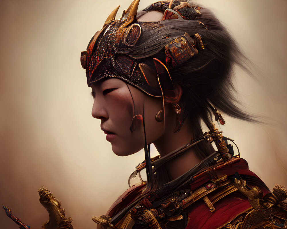 Detailed portrait of a person in ornate traditional armor with intricate helmet and contemplative expression