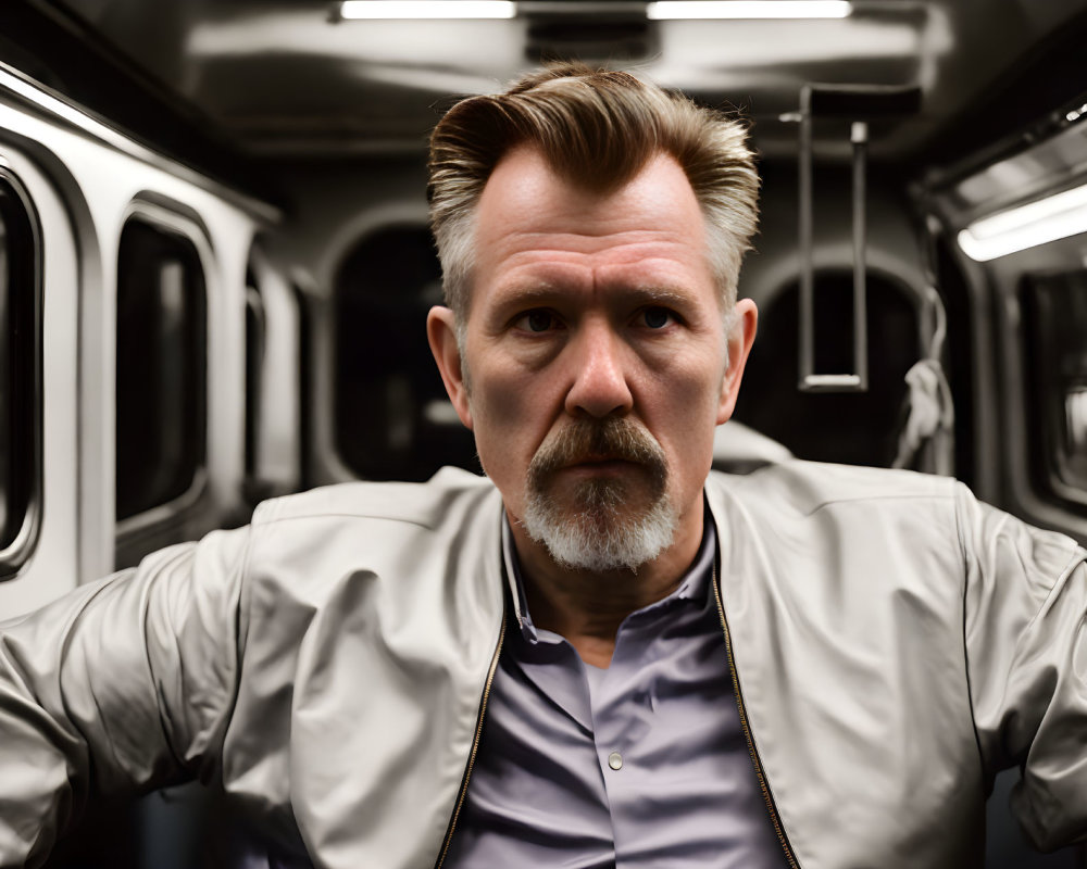 Serious man with mustache in subway car